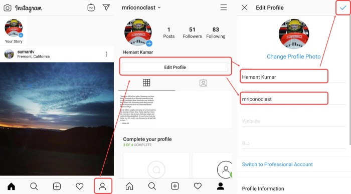 Instagram username change should display profile shown web prompt bottom green now click